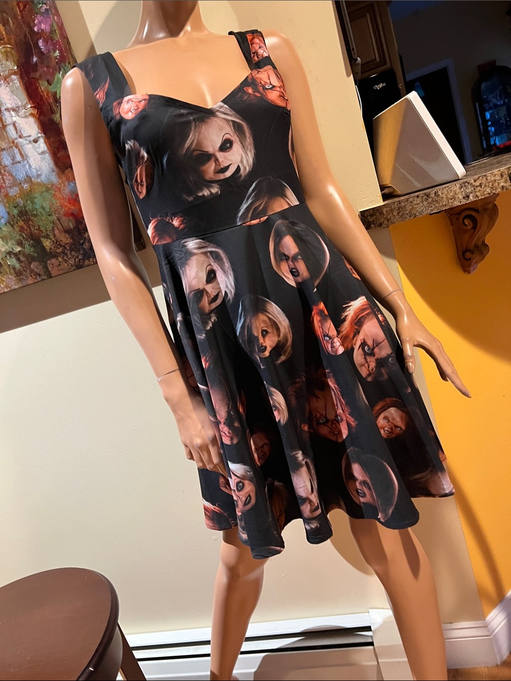 Killstar Black Mini Dress S chucky Horror Doll Faces nwot